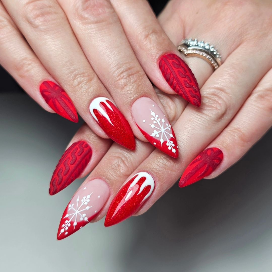 red and white christmas stiletto nails