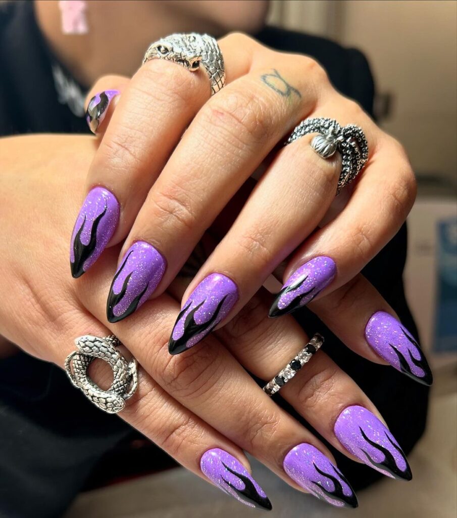 Shiny Purple and Black Nails