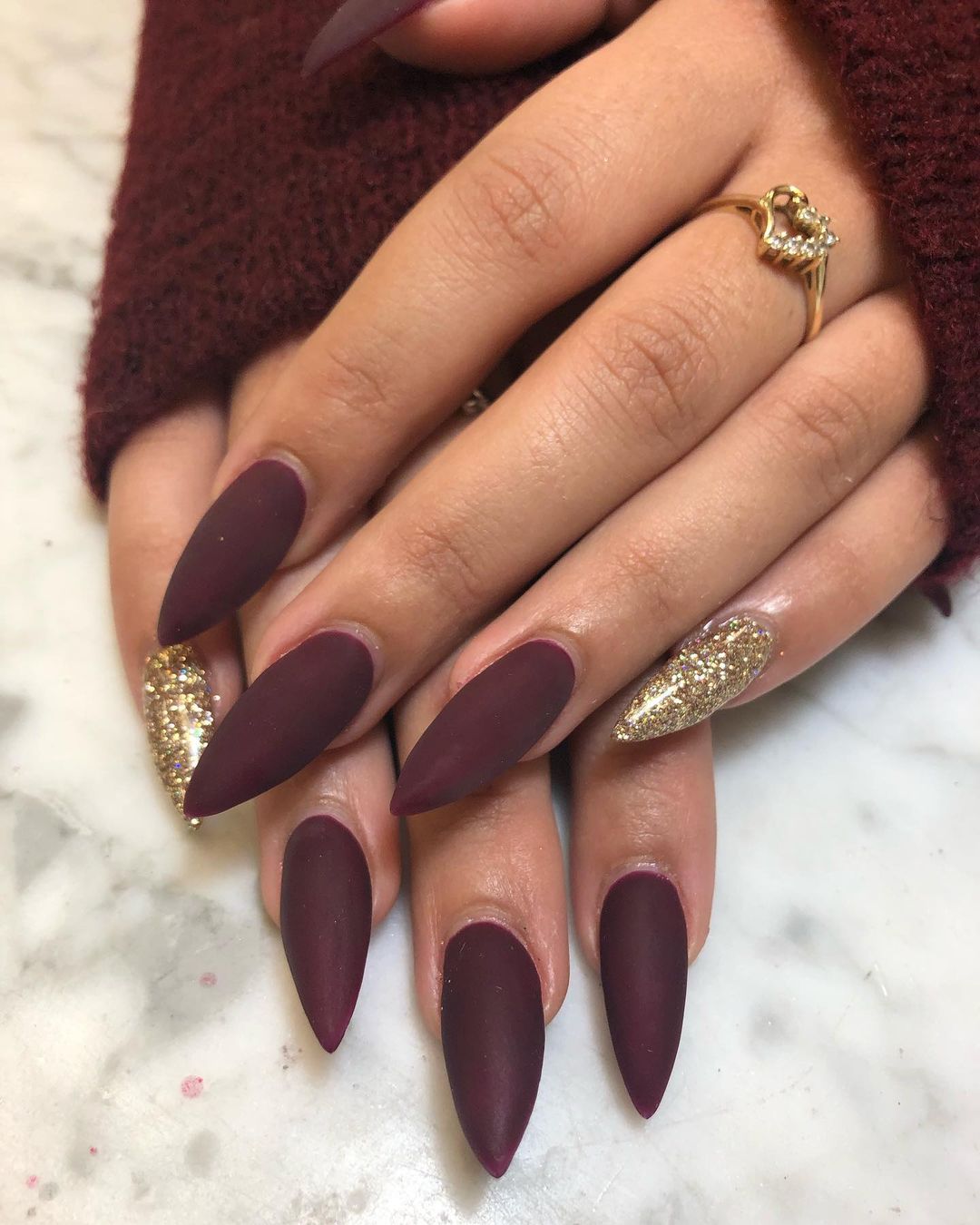 sparkly stiletto matte burgundy nails