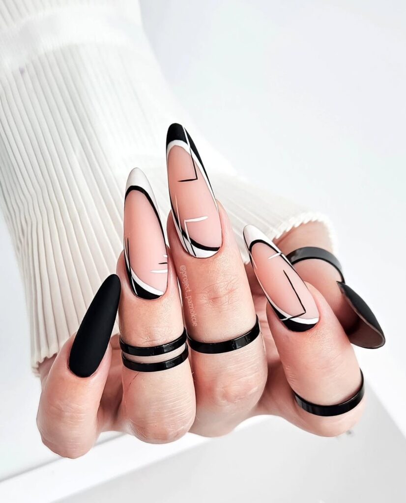 Black And White Long Nails