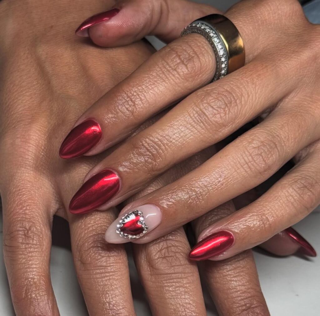 Red Chrome Nails With Heart Design