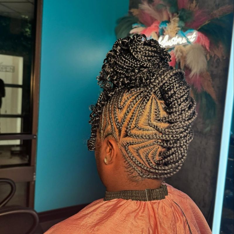 Box Braids com uma trança em forma de coroa