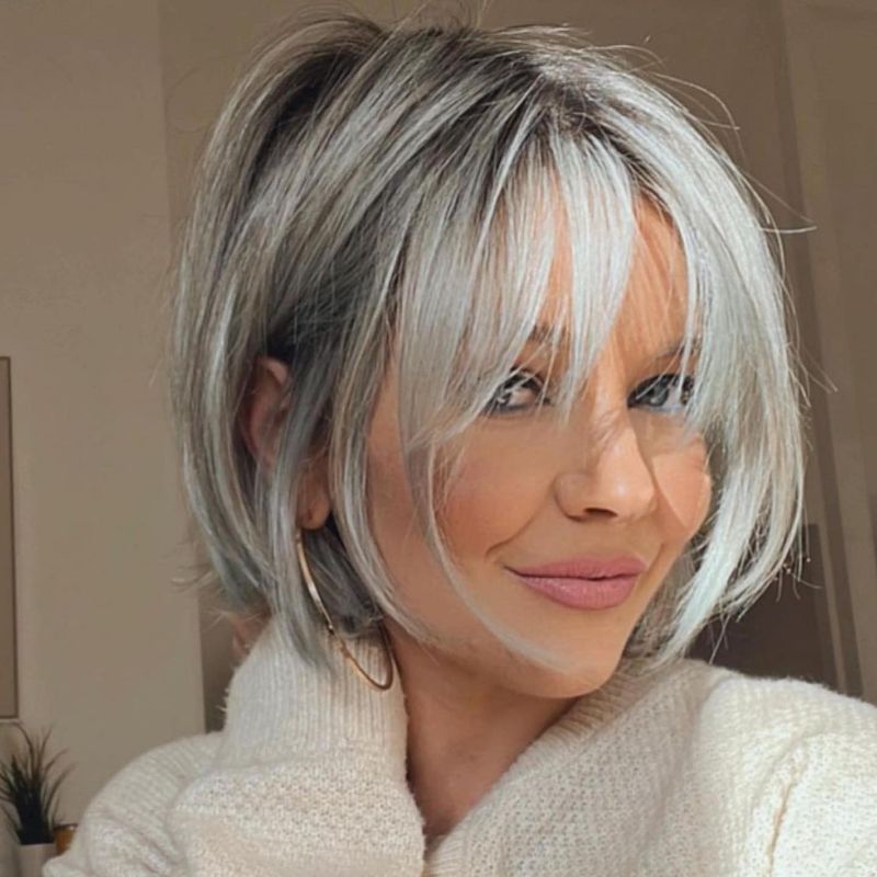 Layered Grey Bob with Bangs