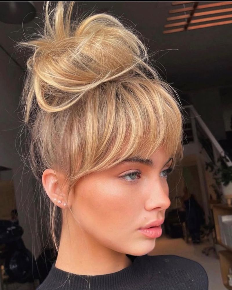 Messy Bun with Wispy Fringe