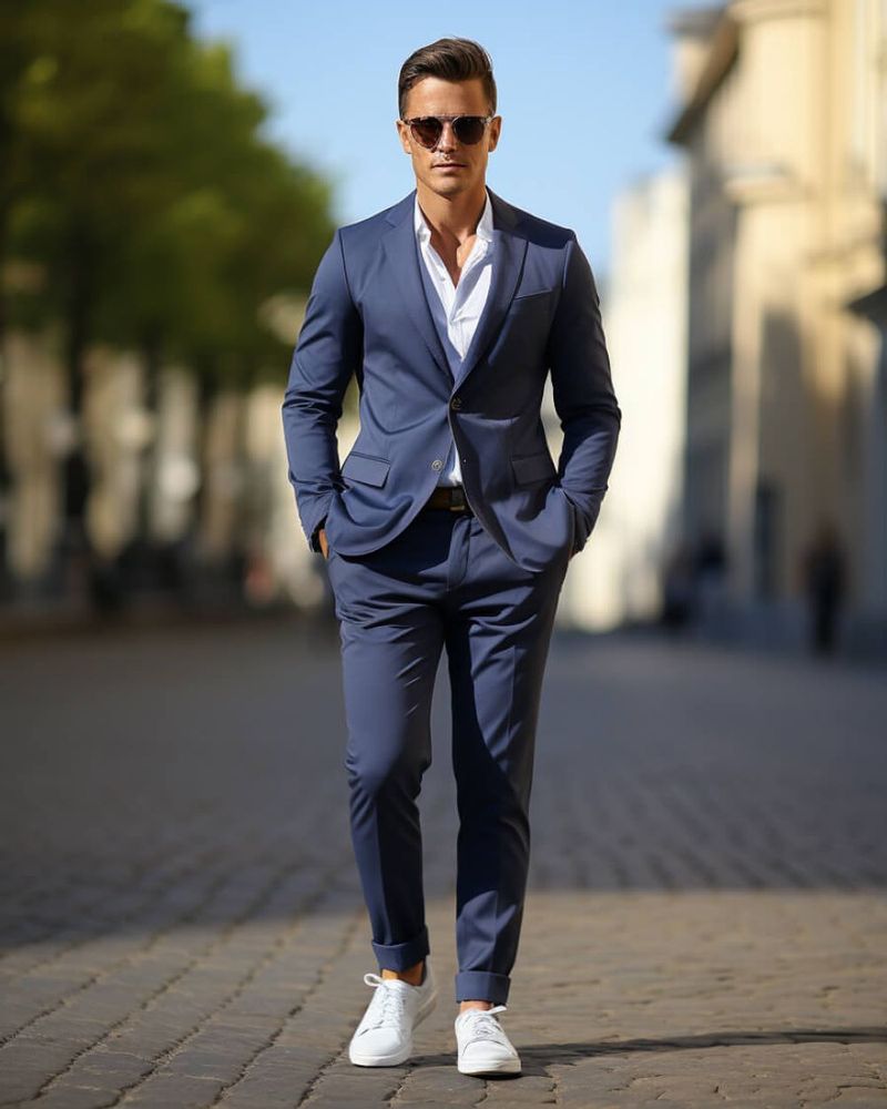 Classic Navy Suit with White Sneakers