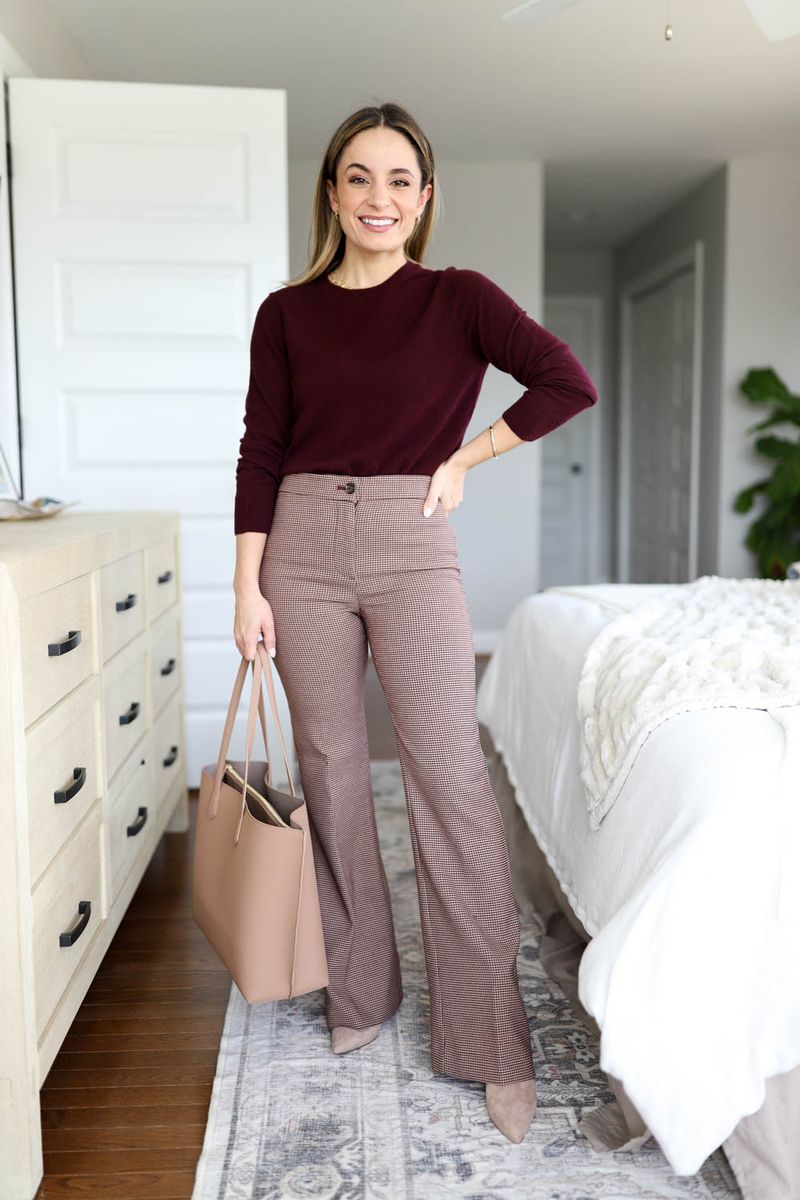 Burgundy Sweater & Camel Trousers