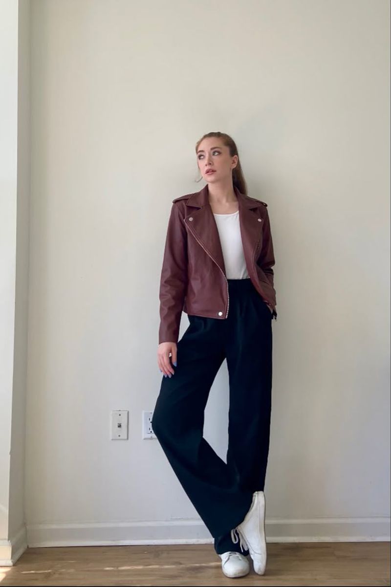 Burgundy Leather Jacket & White Sneakers
