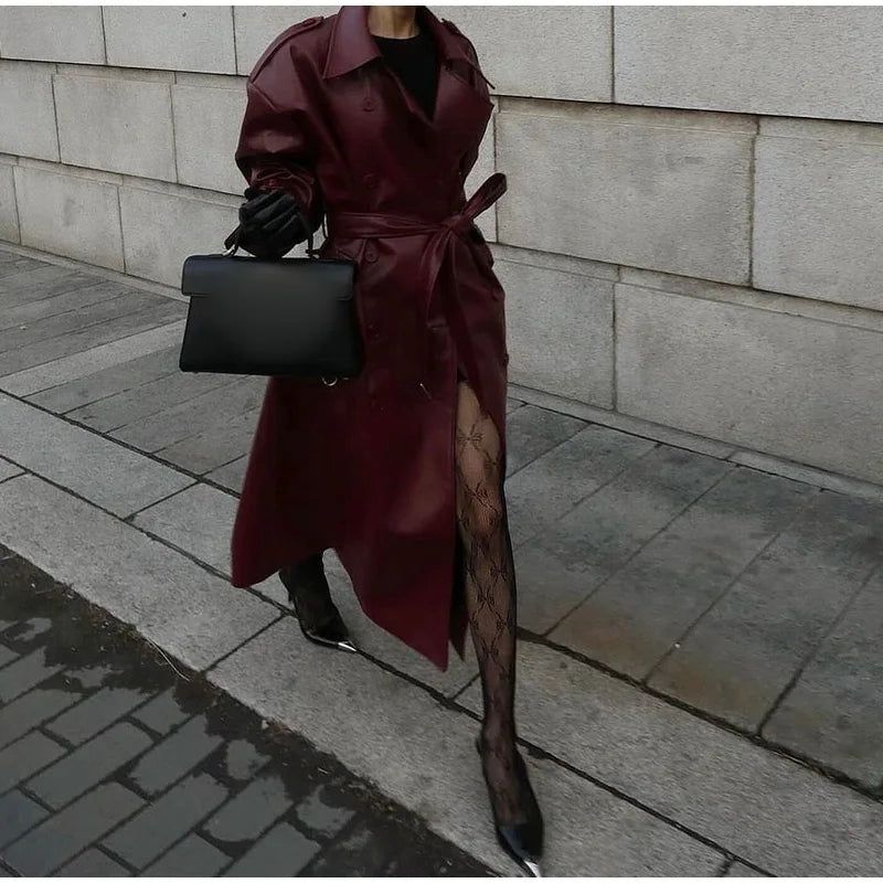 Burgundy Trench Coat & High Heels