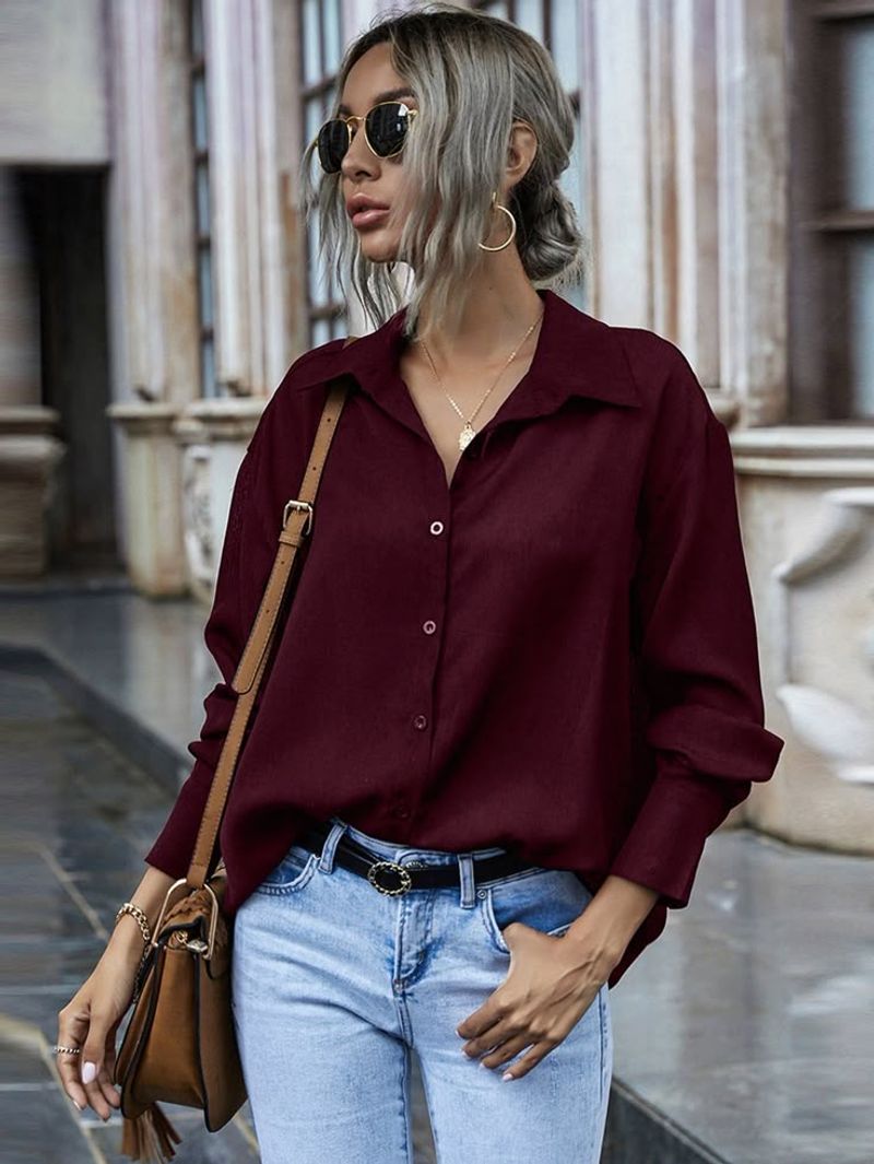 Burgundy Blouse & Denim Jeans