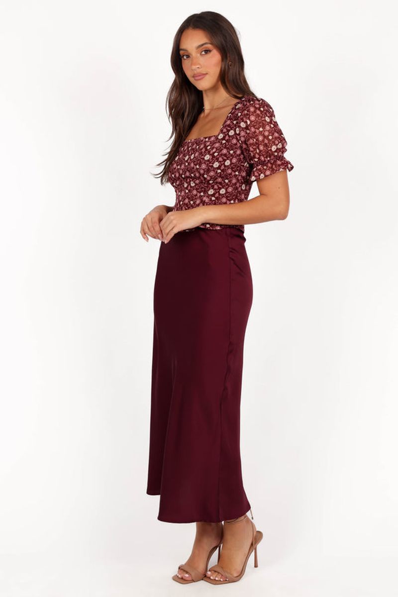 Burgundy Midi Skirt & Satin Blouse