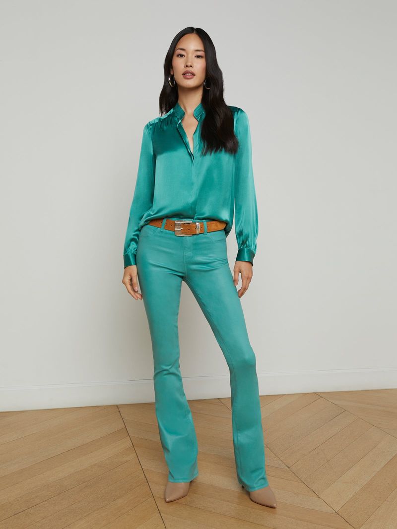 Printed Silk Blouse with Slim-Cut Trousers