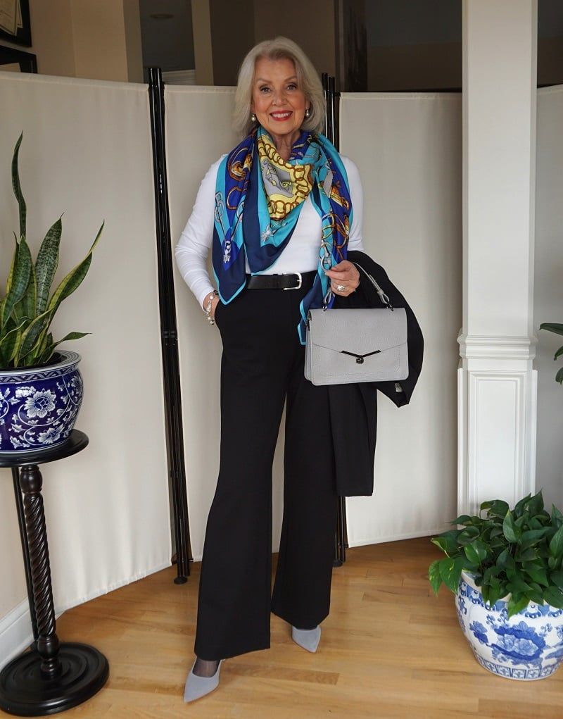 Silk Scarf-Accented White Shirt and Trousers
