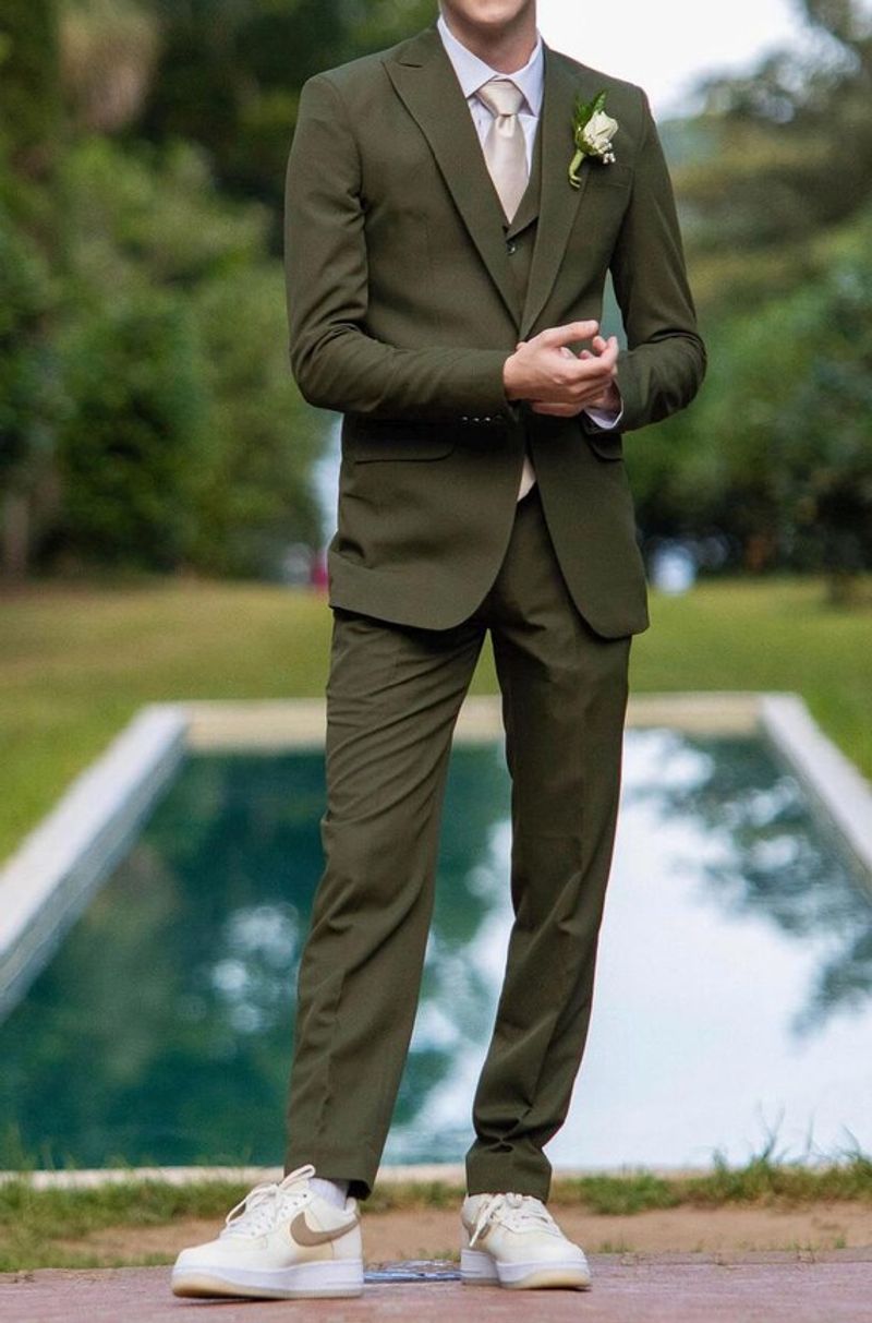 Olive Green Suit with Combat Sneakers