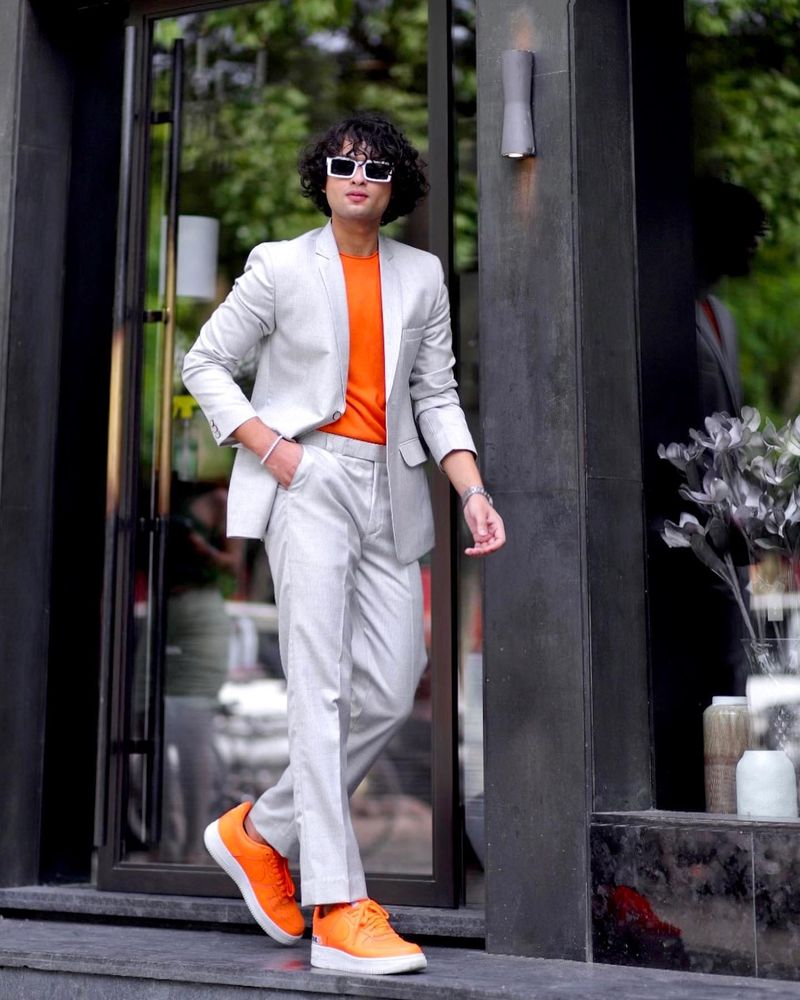 White Suit with Colorful Sneakers