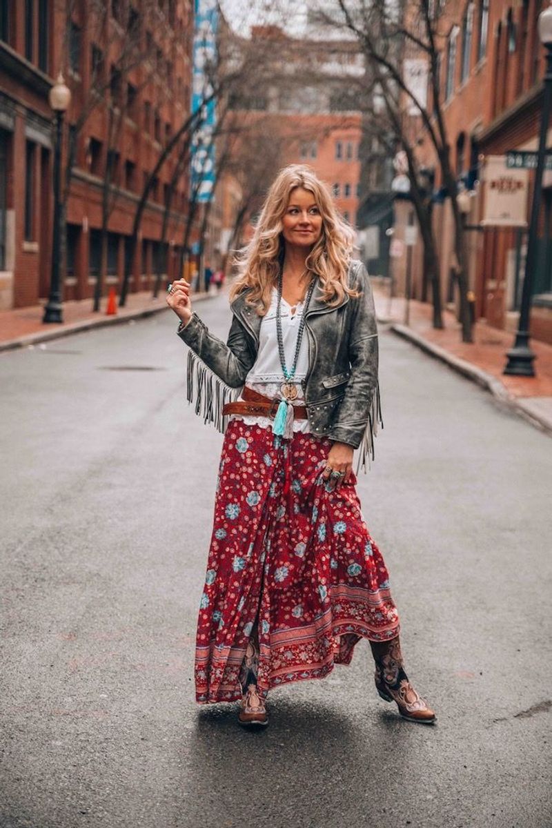 Bohemian Maxi Skirt with Simple Tank and Denim Jacket