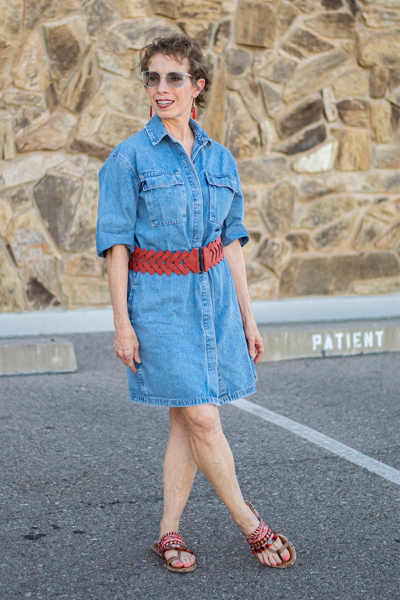 Chambray Shirt Dress with Colorful Accessories