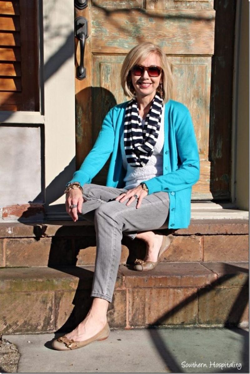 Casual Khakis with Striped Tee and Colorful Cardigan