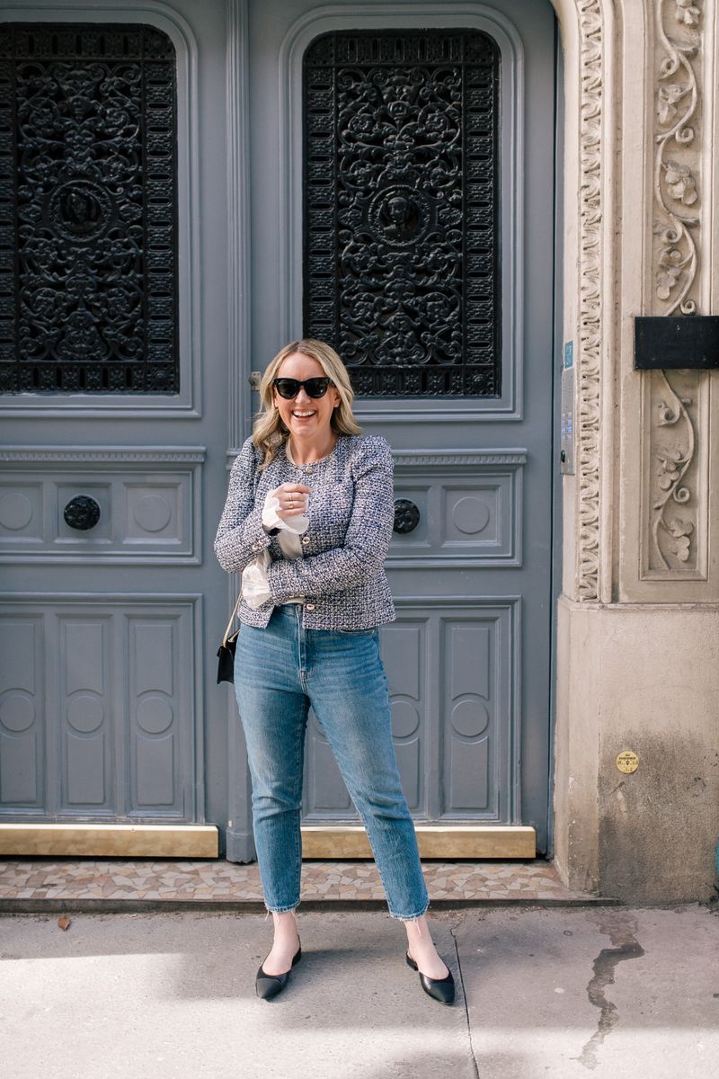 Tweed Blazer with Silk Blouse