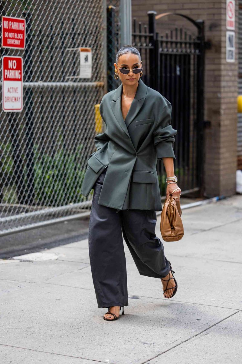 Leather-Trimmed Blazer with Wide-Leg Pants