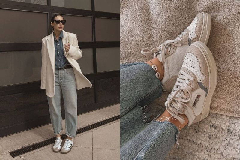Denim Suit with Sporty Sneakers