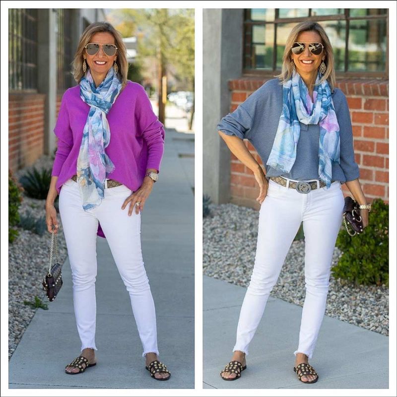 Crisp White Jeans with Colorful Tunic