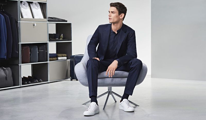 Black Suit with High-Top Sneakers