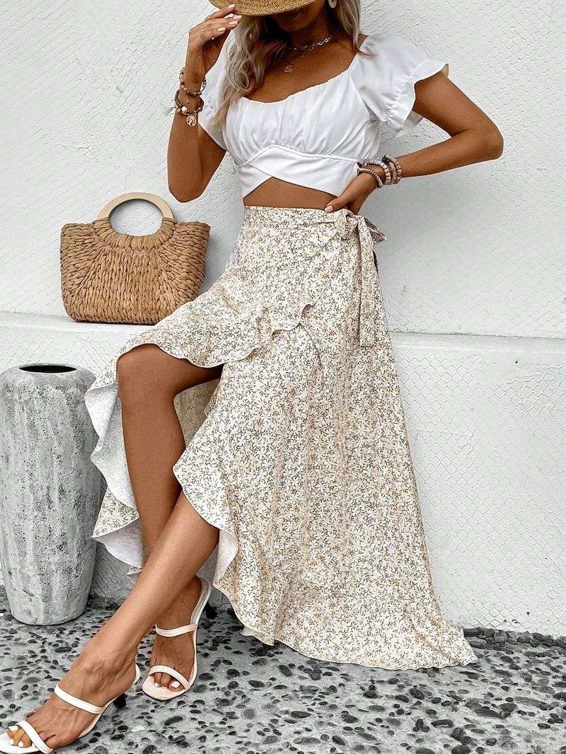 Floral Print Wrap Midi Skirt