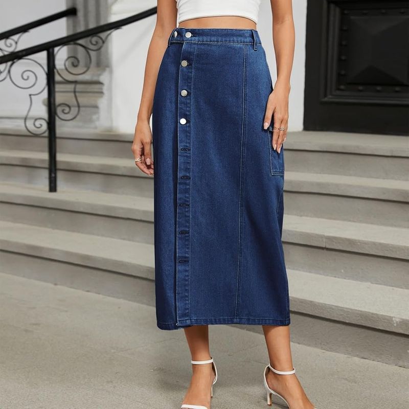 Button-Front Denim Midi Skirt