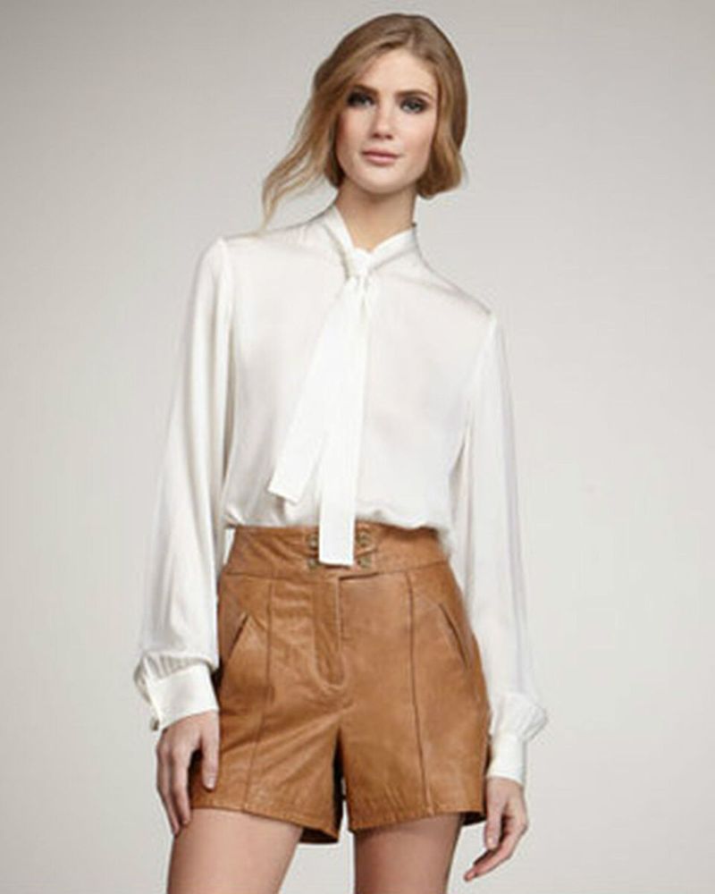 Leather Shorts with Silk Blouse