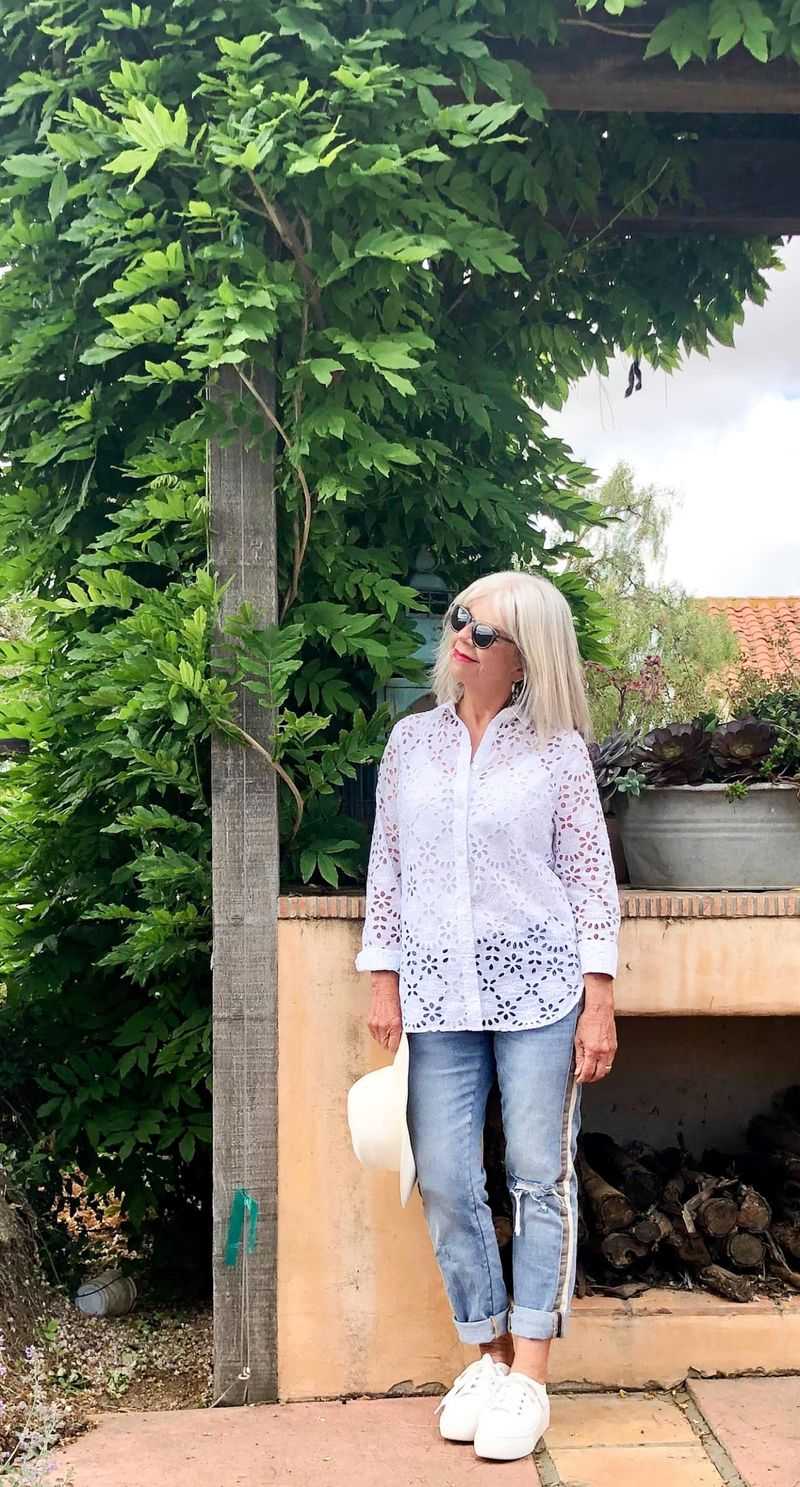Eyelet Blouse with Colored Denim