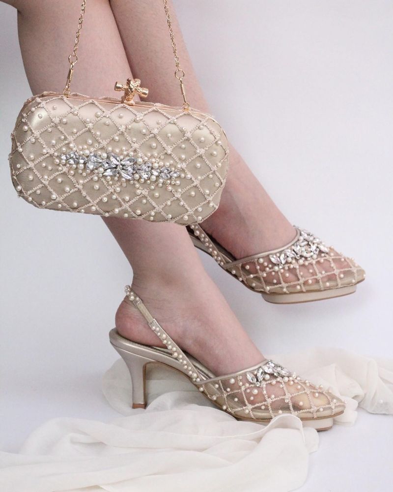 Champagne Satin Heels and Beaded Minaudière