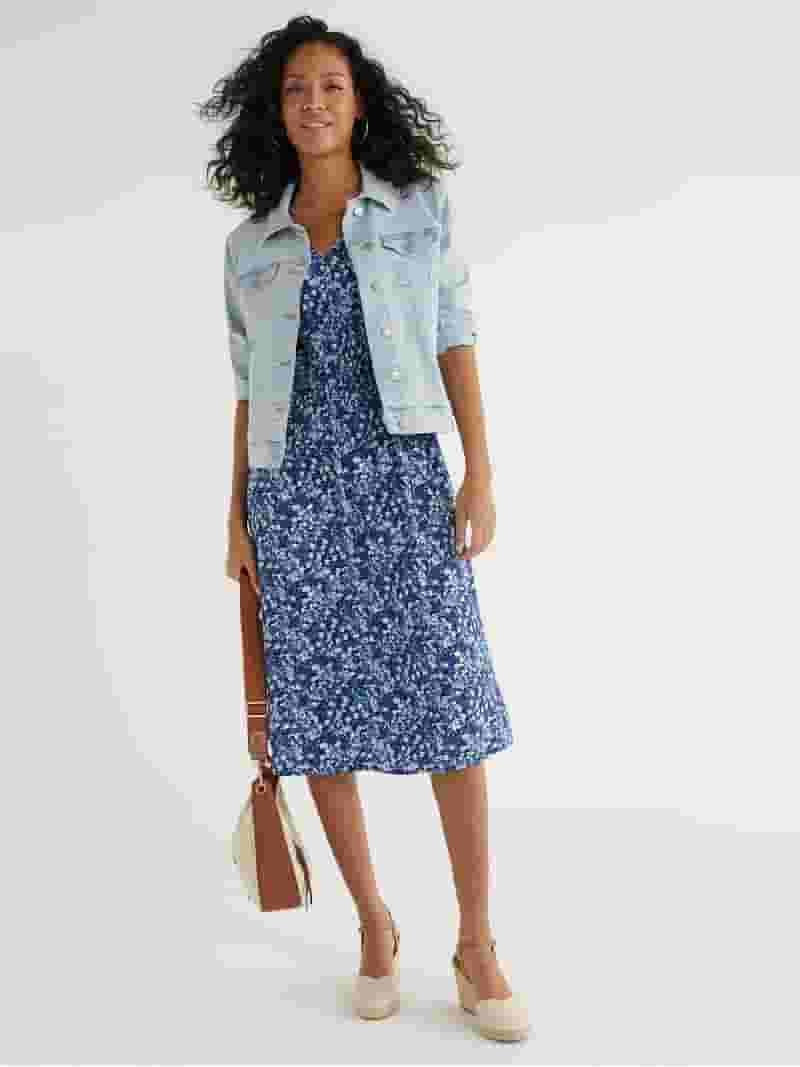 Tiered Cotton Midi Dress with Denim Jacket
