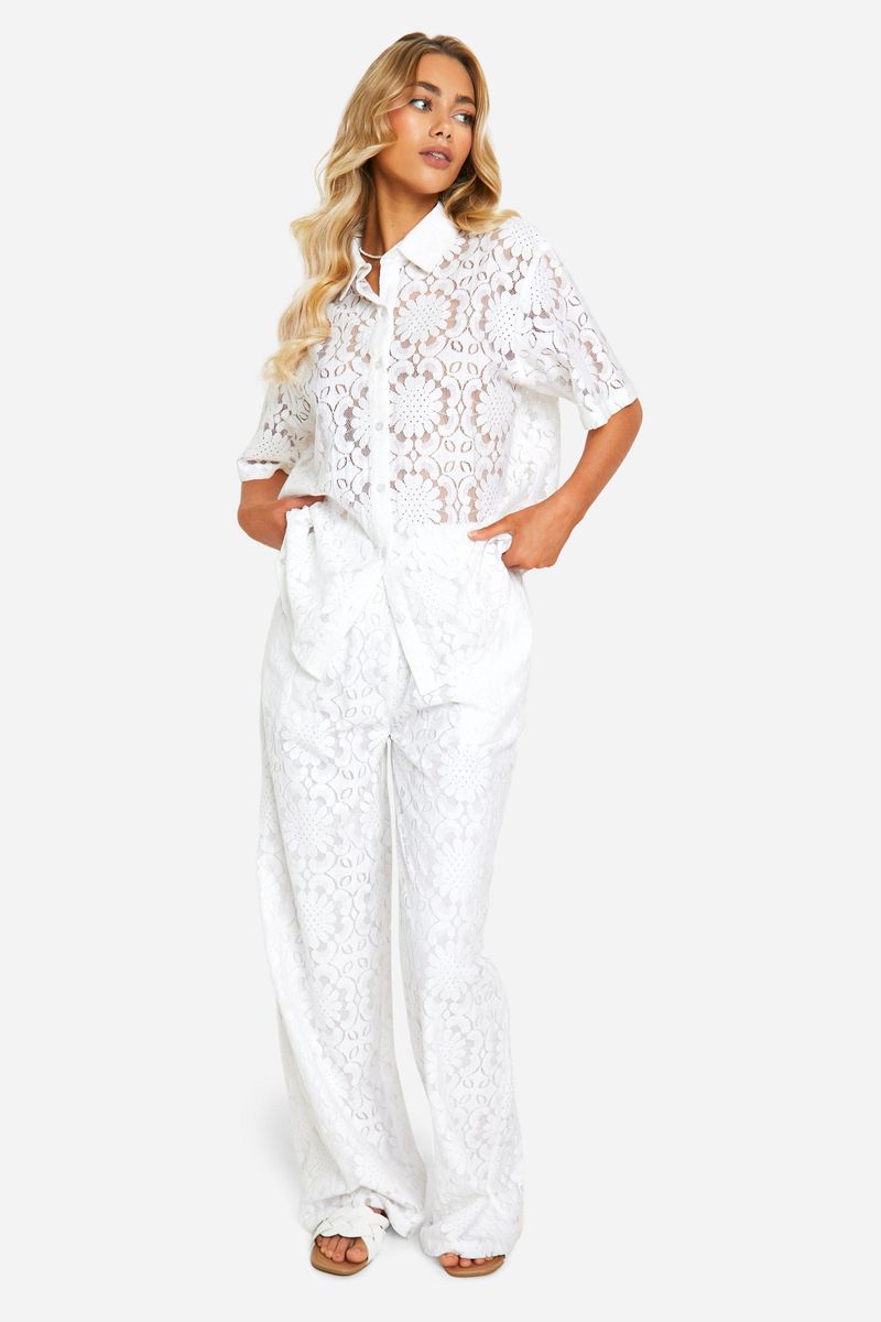 Eyelet Blouse with Wide-Leg Trousers