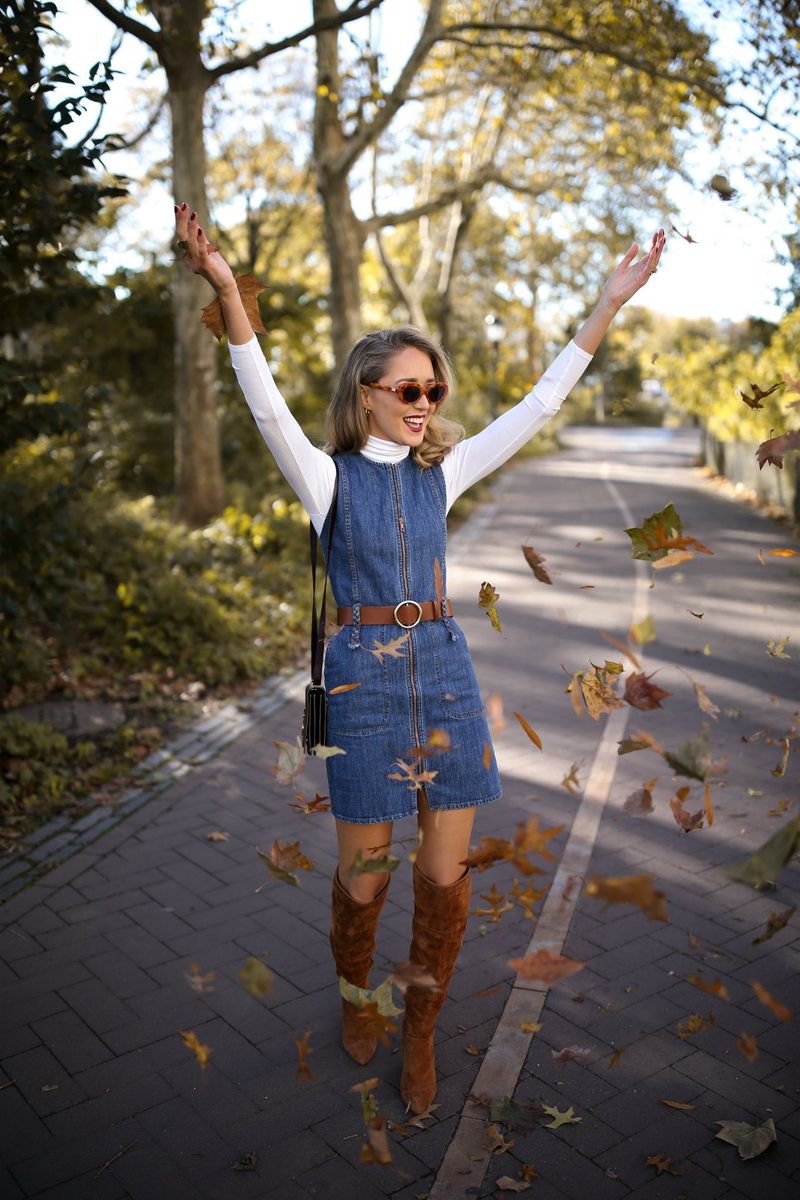 Turtleneck Sweater with Denim Overall Dress