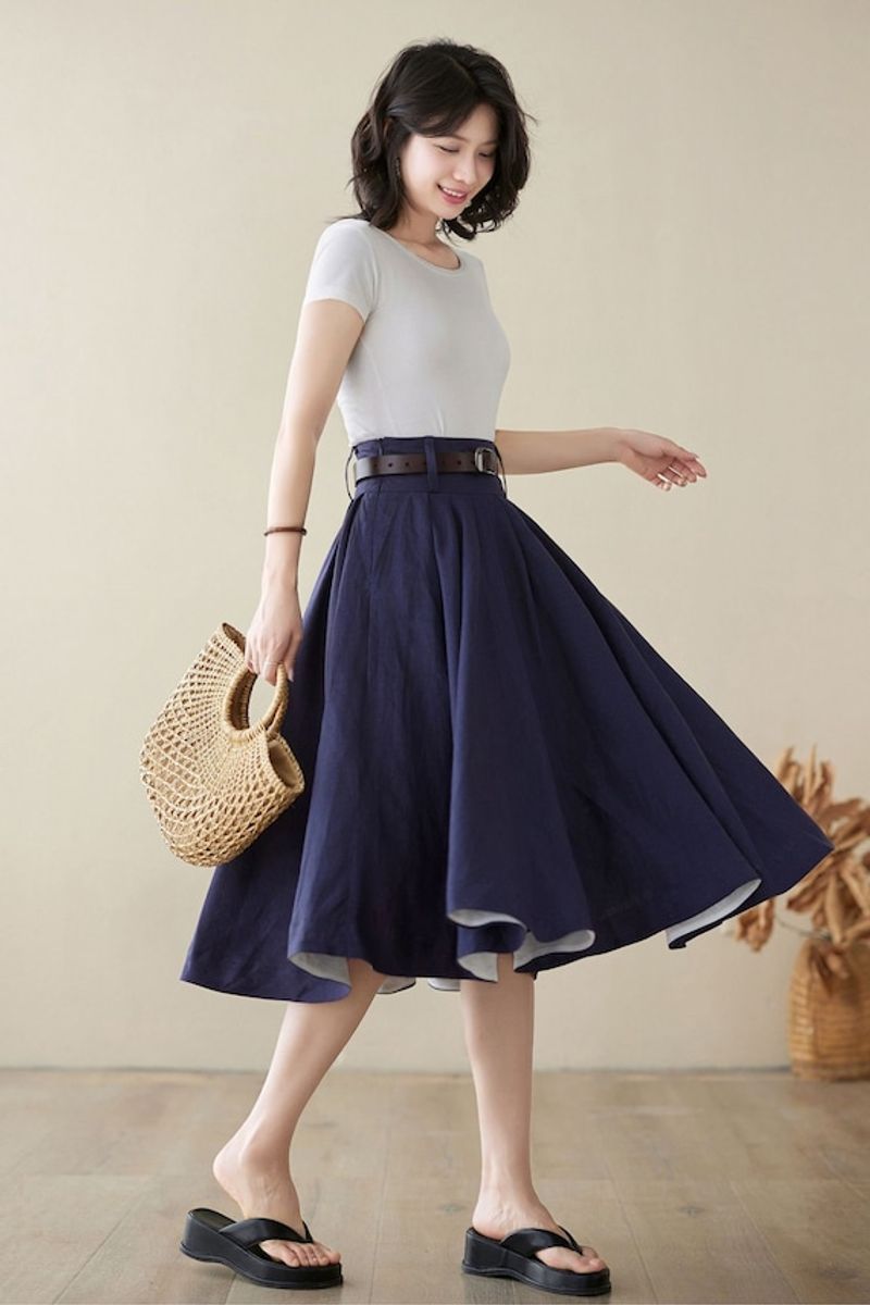 Gathered Linen Midi Skirt
