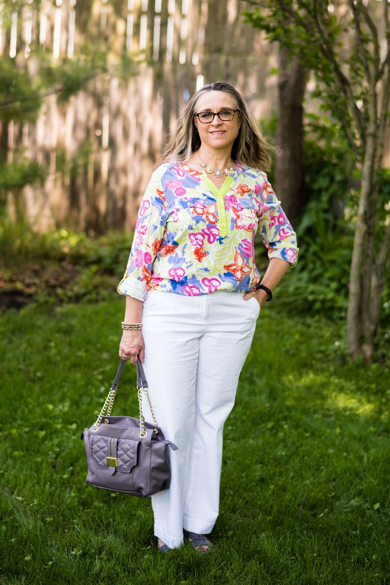 Crisp White Jeans and Colorful Popover Top