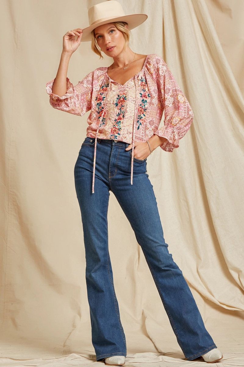 Embroidered Peasant Blouse & High-Waisted Jeans