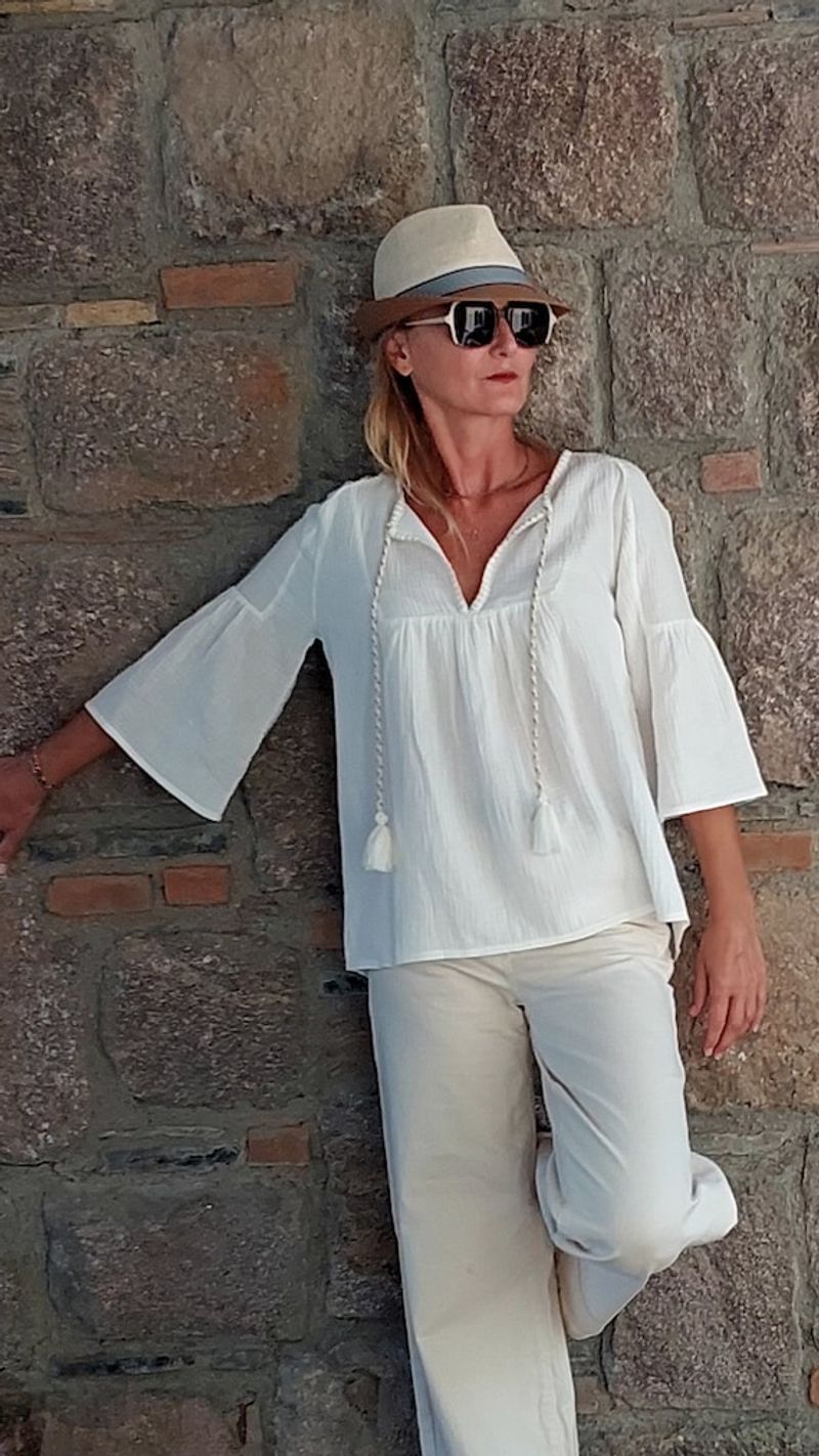 Embroidered Cotton Peasant Blouse with White Capris