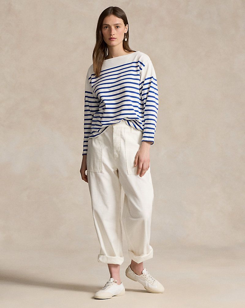 Cropped Linen Pants with Striped Boat-Neck Top