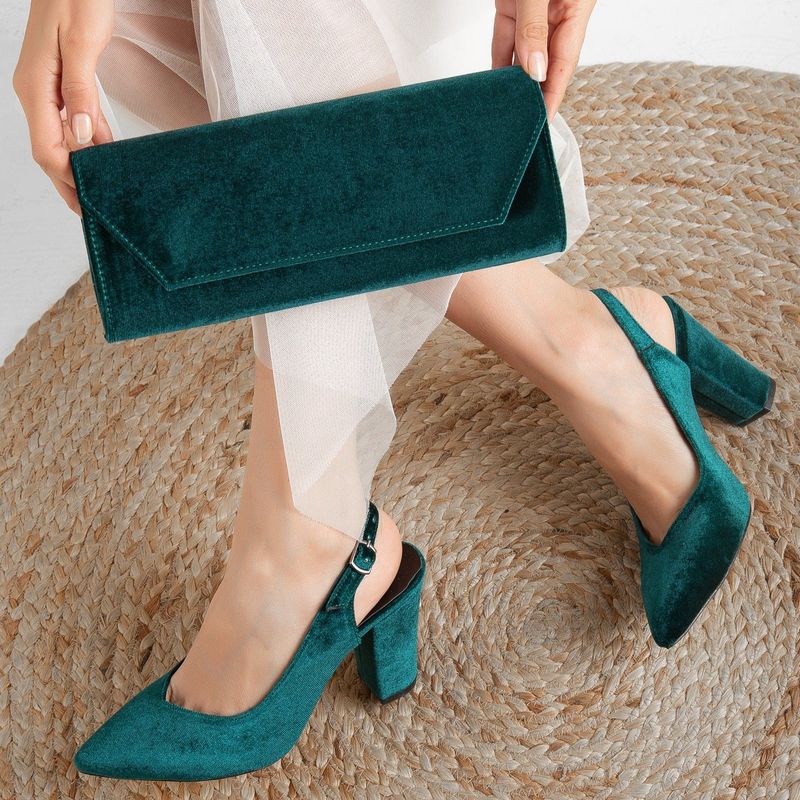 Emerald Velvet Block Heels and Envelope Clutch