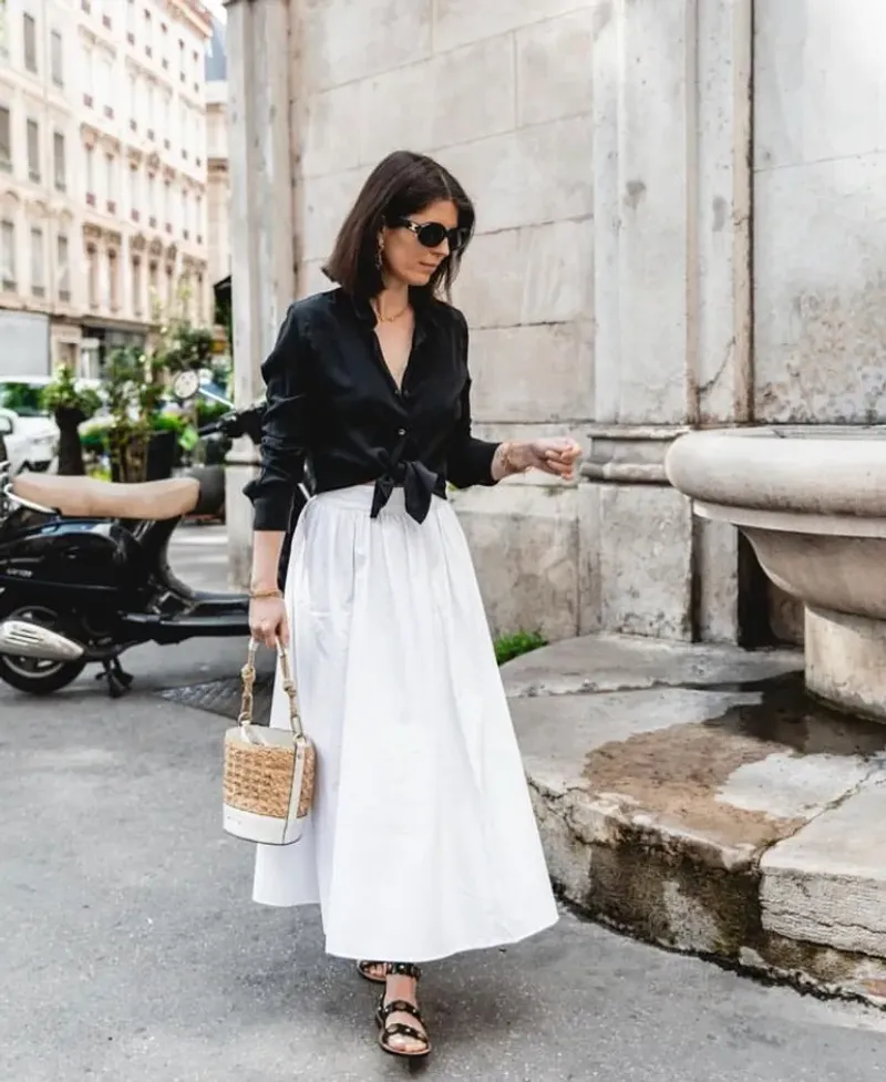 Classic White Button-Down with Flowing Skirt