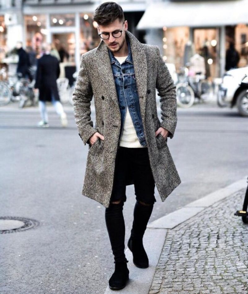 Denim Jacket Under Wool Coat with Skinny Jeans