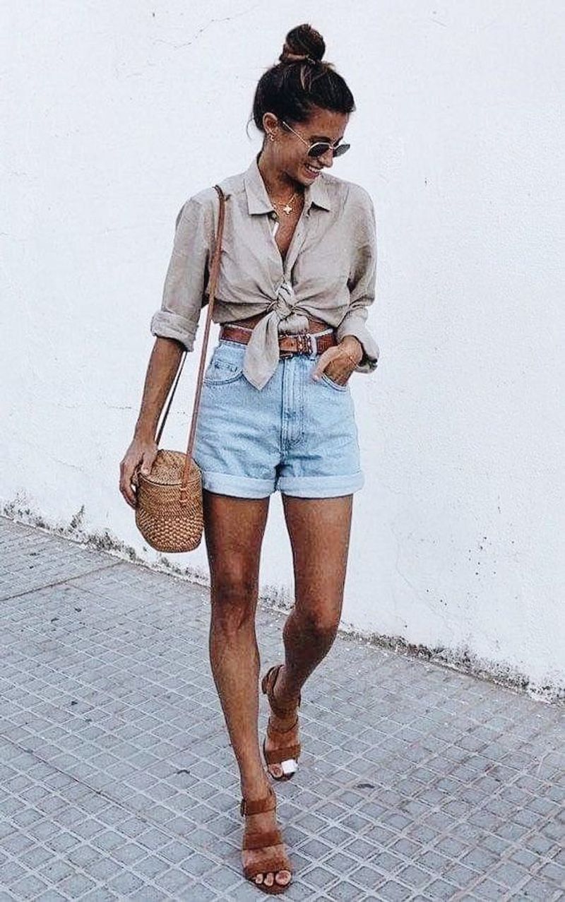 Denim Shorts with Button-Up Tied at Waist