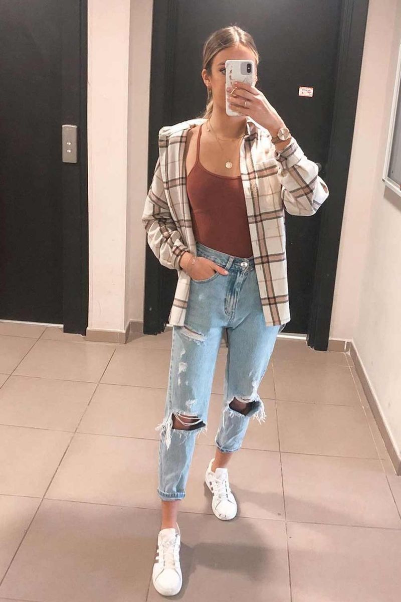 Tee with Open Button-Down and Distressed Jeans