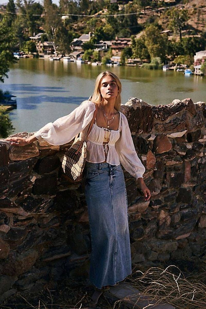 Peasant Blouse With Denim Midi Skirt
