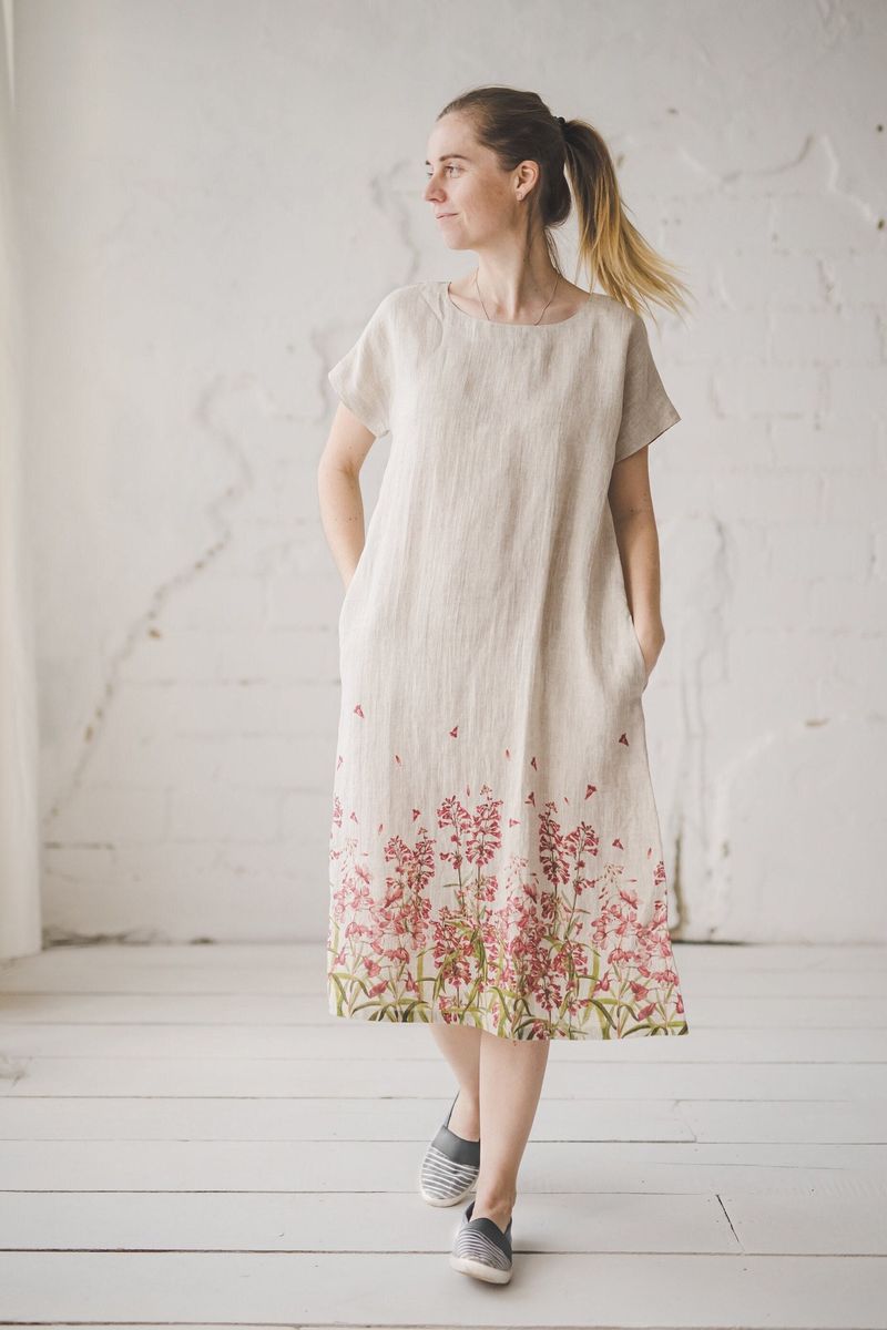 Linen Shift Dress with Botanical Prints