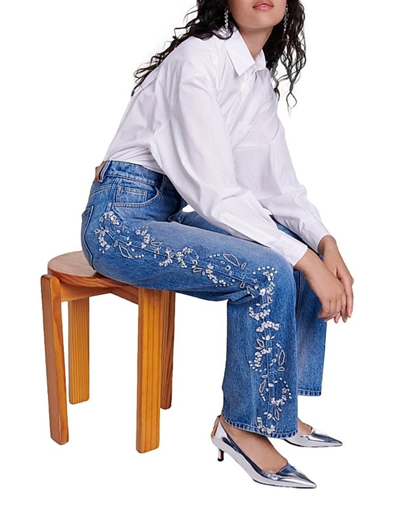 Floral Embroidered Jeans with Slingback Heels