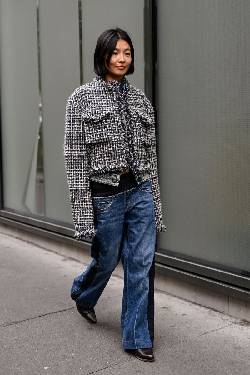 Asymmetrical Strap Heels With Puddle-Length Denim