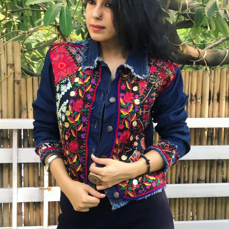 Embellished Denim & Silk Camisole