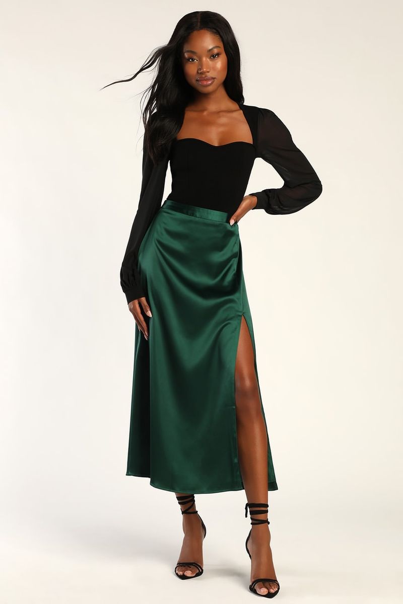 Emerald Satin Midi Skirt